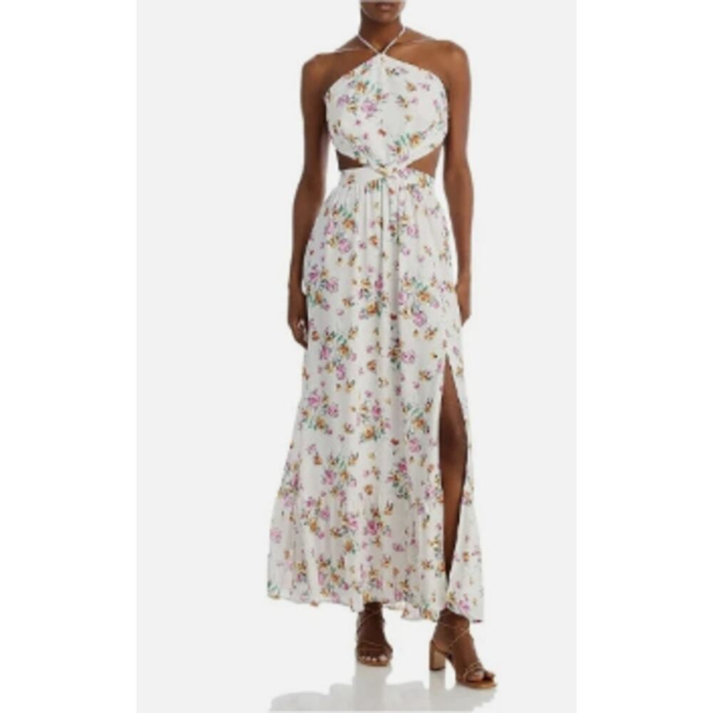 WAYF White Floral Open Back Tie Back Lined Sleeveless Maxi Fit Flare Dress L NWT